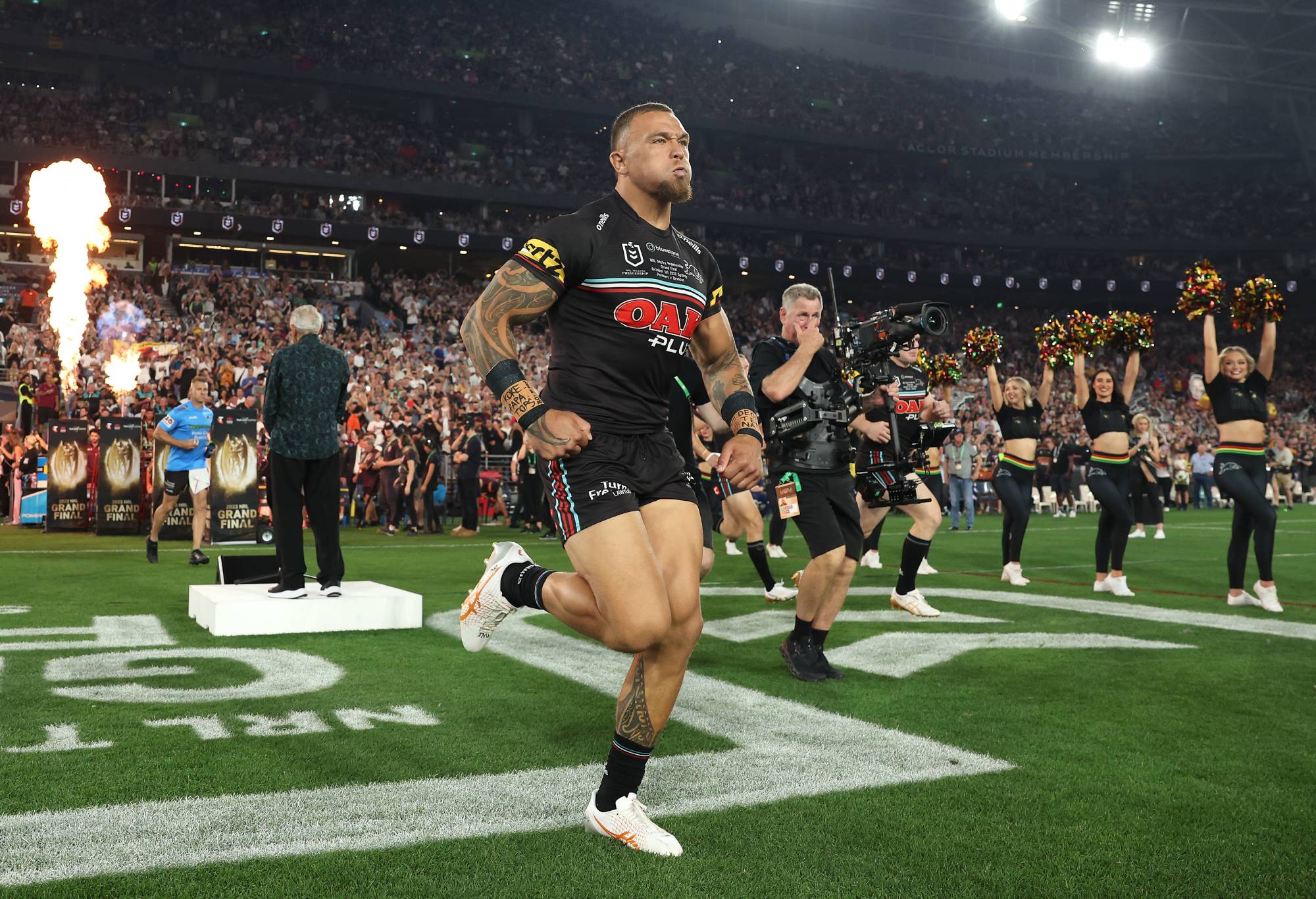 SYDNEY, AUSTRALIA - OCTOBER 01:  James Fisher-Harris of the Panthers runs onto the field before the 2023 NRL Grand Final match between Penrith Panthers and Brisbane Broncos at Accor Stadium on October 01, 2023 in Sydney, Australia. (Photo by Matt King/Getty Images)