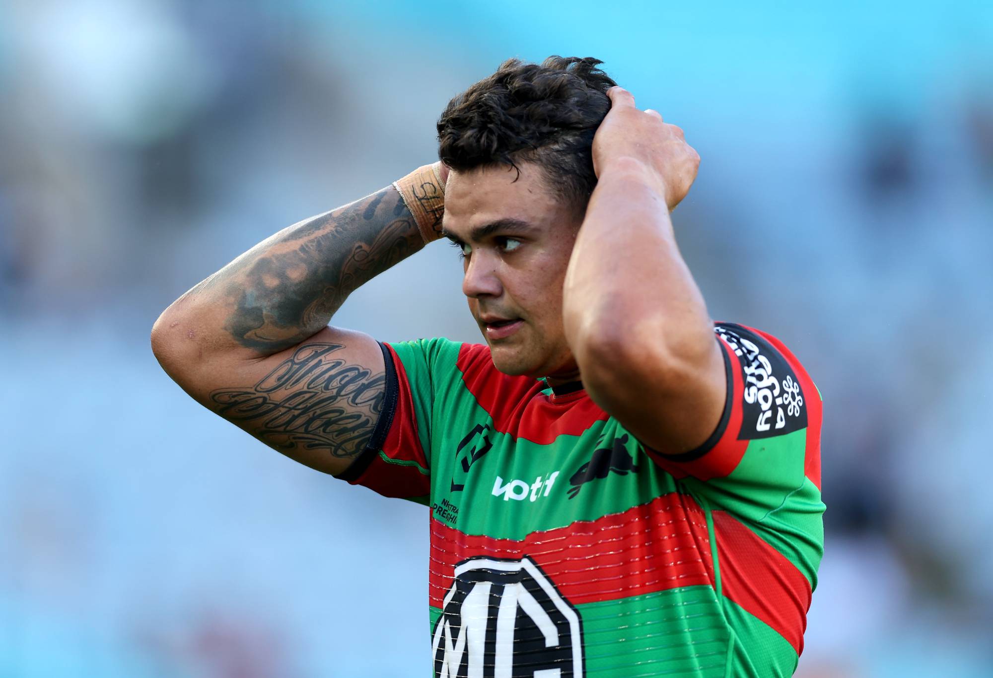 SYDNEY, AUSTRALIA - APRIL 06: Latrell Mitchell of the Rabbitohs reacts following the round five NRL match between South Sydney Rabbitohs and New Zealand Warriors at Accor Stadium, on April 06, 2024, in Sydney, Australia. (Photo by Mark Metcalfe/Getty Images)