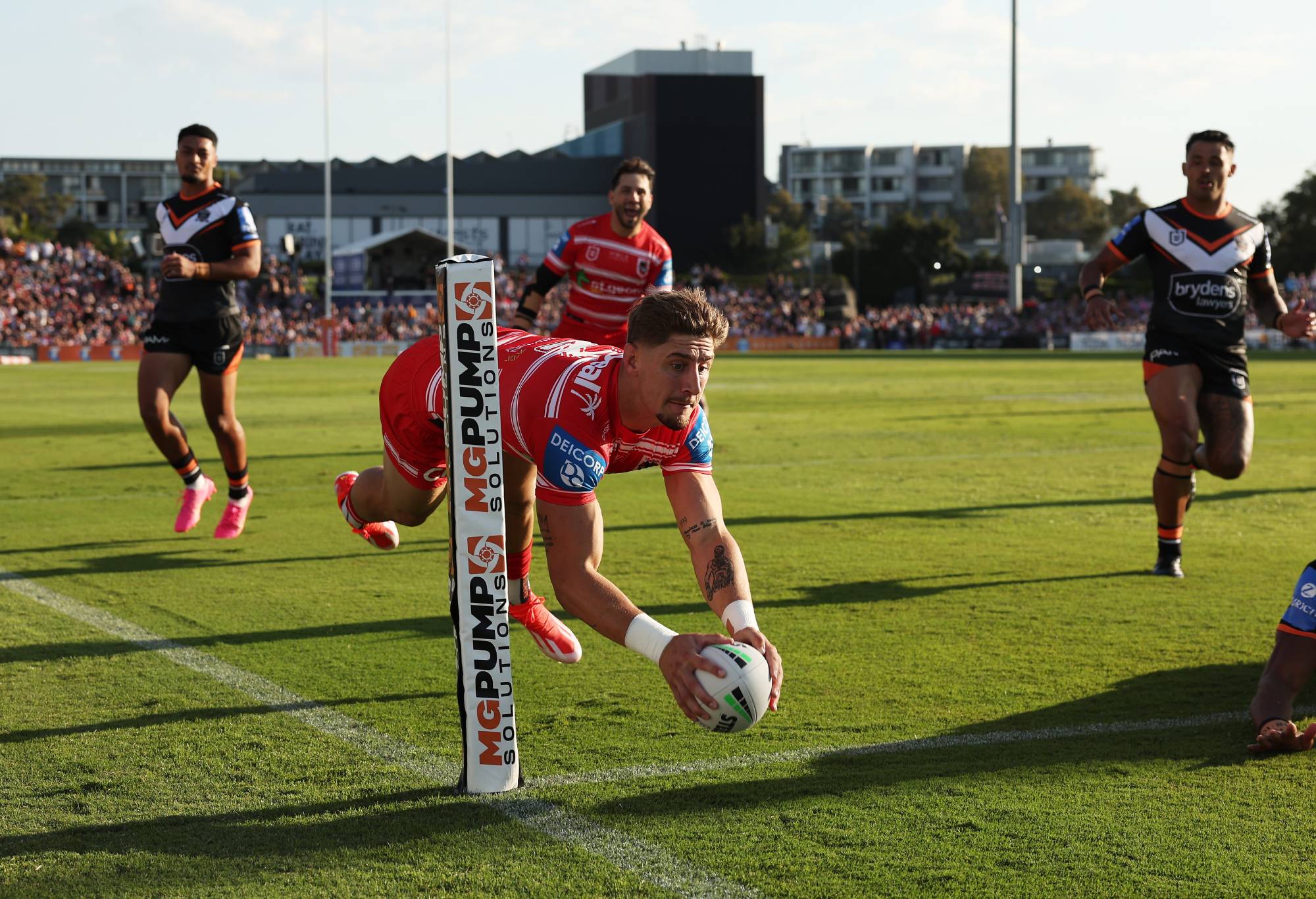 SYDNEY, AUSTRALIA - APRIL 14: Zac Lomax of the Dragons scores a try during the round six NRL match between Wests Tigers and St George Illawarra Dragons at Campbelltown Stadium, on April 14, 2024, in Sydney, Australia. (Photo by Matt King/Getty Images)