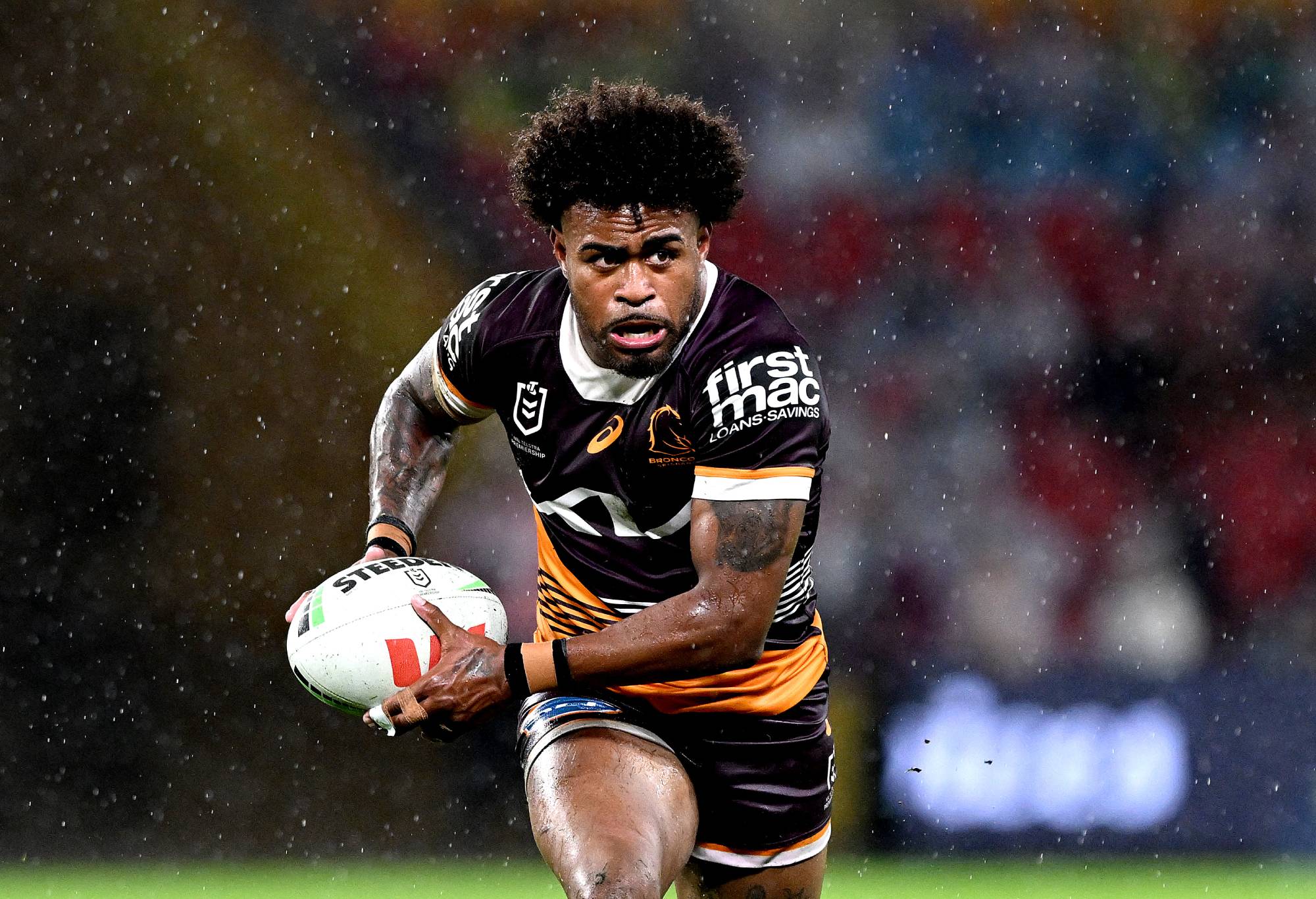BRISBANE, AUSTRALIA - APRIL 20: Ezra Mam of the Broncos in action during the round seven NRL match between the Brisbane Broncos and Canberra Raiders at Suncorp Stadium, on April 20, 2024, in Brisbane, Australia. (Photo by Bradley Kanaris/Getty Images)