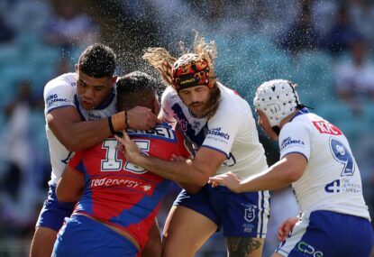 'Crazy scene in the tunnel': Hetherington in strife after scuffle outside sheds, Ponga hobbled as Dogs flog Knights