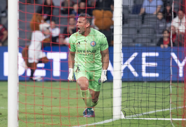 Jamie Young of Melbourne City reacts to saving a goal against Wanderers