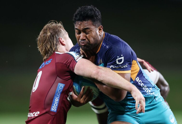 Julian Savea of Moana Pasifika scores a try during the round eight Super Rugby Pacific match between Moana Pasifika and Queensland Reds at Semenoff Stadium, on April 12, 2024, in Whangarei, New Zealand. (Photo by Fiona Goodall/Getty Images)