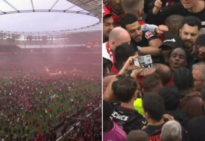 Wild scenes as Leverkusen fans storm pitch to celebrate club's first title before game is over