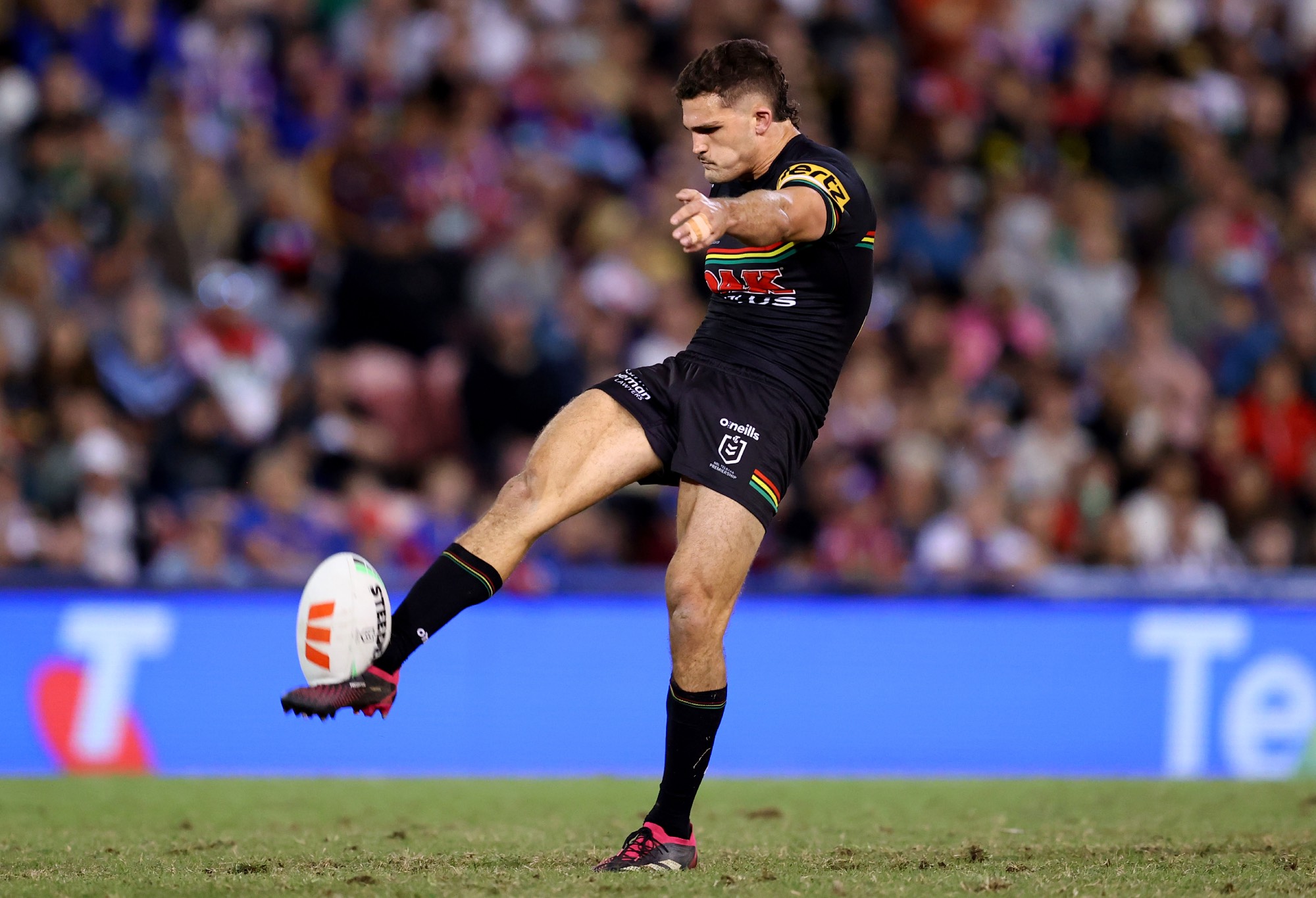 Nathan Cleary of the Panthers kicks during the round seven NRL match between Newcastle Knights and Penrith Panthers at McDonald Jones Stadium on April 15, 2023 in Newcastle, Australia. (Photo by Brendon Thorne/Getty Images)