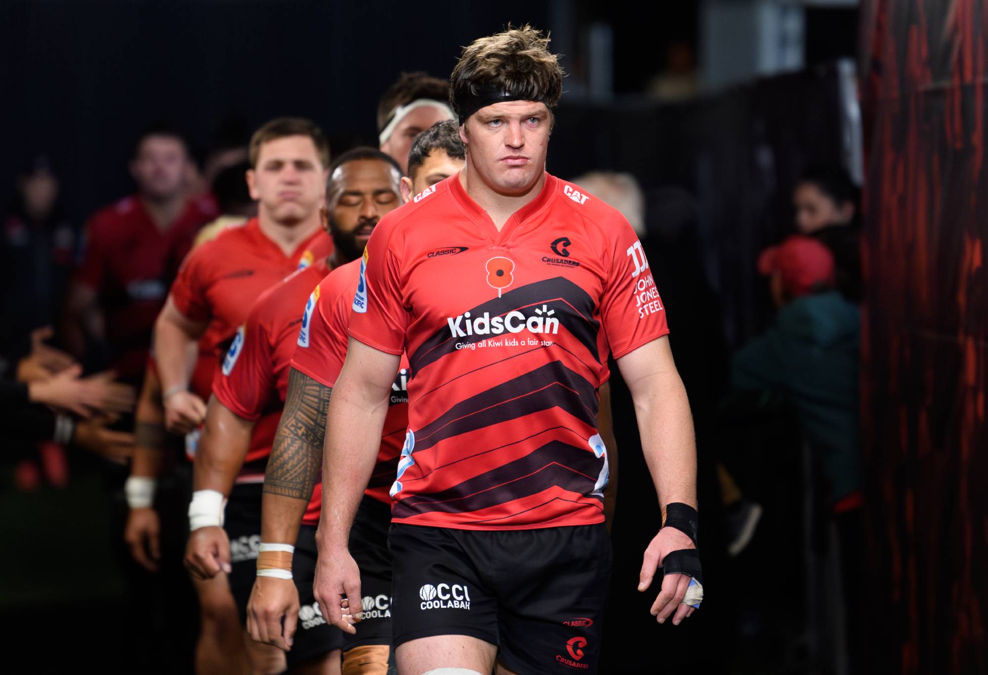 Captain Scott Barrett of the Crusaders leads his team onto the field prior to the round ten Super Rugby Pacific match between the Crusaders and Melbourne Rebels at Apollo Projects Stadium, on April 26, 2024, in Christchurch, New Zealand. (Photo by Kai Schwoerer/Getty Images)