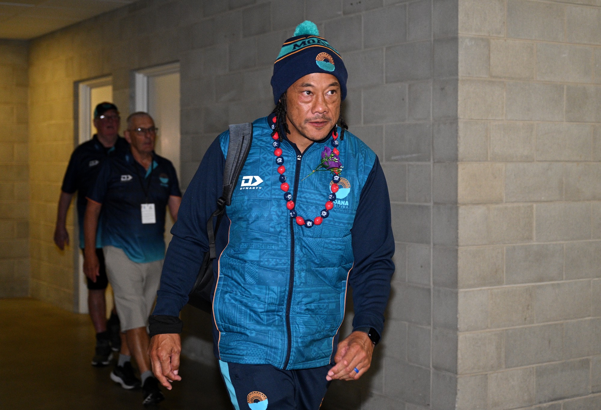 Coach Tana Umaga of Moana Pasifika arrives ahead of the round one Super Rugby Pacific match between Highlanders and Moana Pasifika at Forsyth Barr Stadium, on February 24, 2024, in Dunedin, New Zealand. (Photo by Joe Allison/Getty Images)