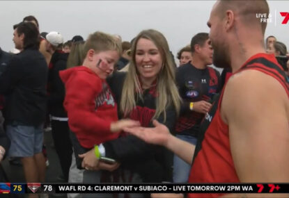 WATCH: Wholesome moment as Jake Stringer greets ill young Bombers fan