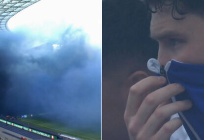 Crazy scenes as 2.Bundesliga game is delayed as thick pyrotechnic smoke blankets stadium