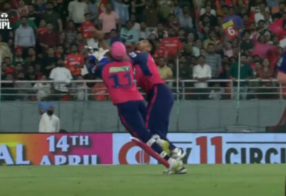 Calamitous moment as fielder and keeper nearly collide dropping an IPL catch