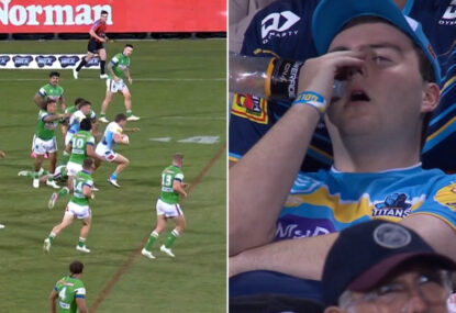 Titans fan's hilariously angry reaction to his team having a try chalked off for obstruction