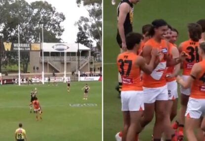 WATCH: 'Oh my word!' Big Giant launches MONSTER torp for epic VFL goal
