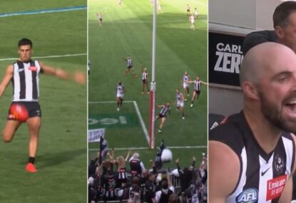 WATCH: MCG erupts as Nick Daicos sets up another Magpies goal... with a torp!