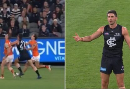 WATCH: 'Got that horribly wrong!' Ump flamed after pinging Blues ruckman for being pushed into Giant