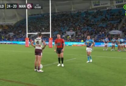 Kieran Foran's bizarre conversion stand-off almost demanding Bunker check a Manly obstruction