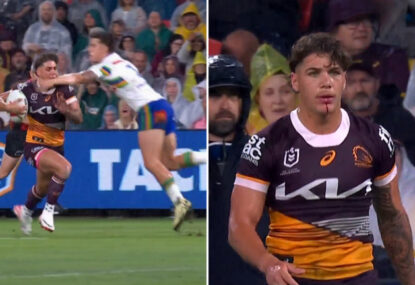 Reece Walsh left with a bloodied chin after copping a whack in scintillating Broncos try