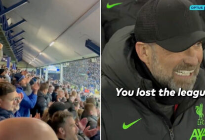LISTEN: 'You lost the league!' Everton fans troll Liverpool after denting Reds' title hopes