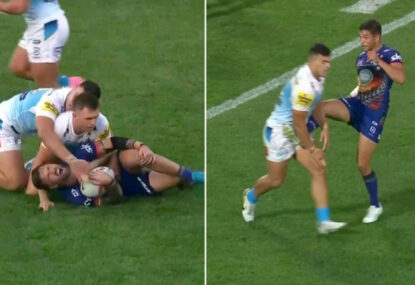 WATCH: Did David Fifita get away with a trip AND blatant kicker contact against Warriors?