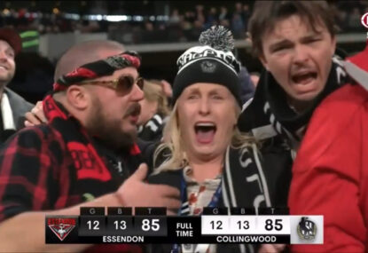 LANGUAGE: 'S--t! F--k!' Pies fan's perfect reaction to epic Anzac Day draw