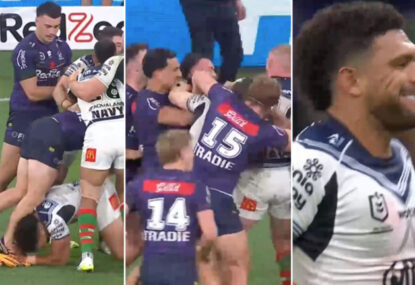 Things kick off, Johns fumes after stupidly 'dangerous' cannonball on Cam Munster in final seconds