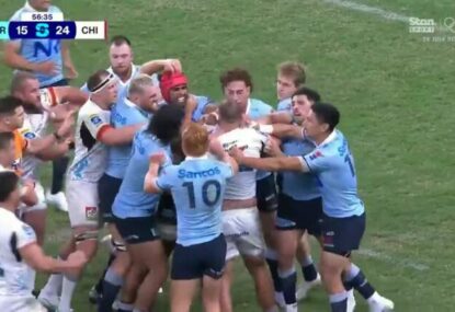 WATCH: Jared Proffit quickly set upon by a pack of Tahs after throwing ball at Max Jorgensen