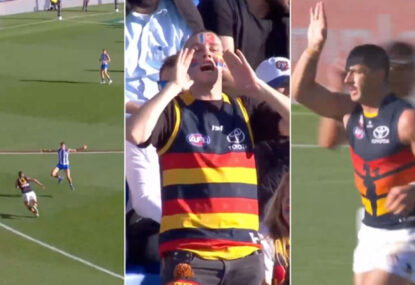 WATCH: 'Sells the highest puppy in Australia!' Tex dusts Roo 60m from home in 'vintage' goal