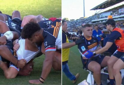 Injury concern for Brumbies Blake Schoupp after scrum comes down awkwardly on top of him