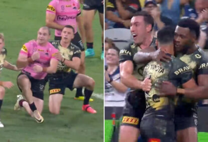 'Oh boy': Were Penrith dudded by dodgy Edwards knock-on call moments before Cowboys try?