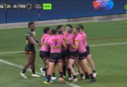 Penrith's defence in a nutshell as SEVEN Panthers wrap up Cowboy to prevent game-tying try