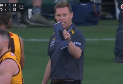 WATCH: 'Scary!' Sam Mitchell gives Hawks defender massive quarter time bake