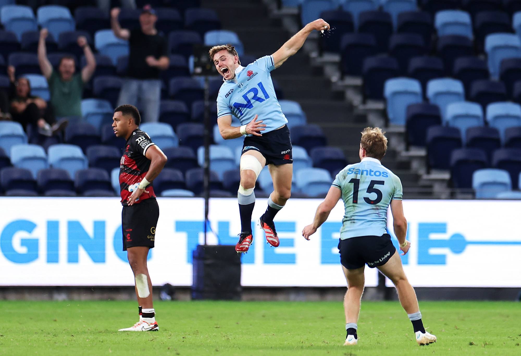 Will Harrison of the Waratahs celebrates kicking the winning field goal in golden point during the round eight Super Rugby Pacific match between NSW Waratahs and Crusaders at Allianz Stadium, on April 12, 2024, in Sydney, Australia. (Photo by Mark Kolbe/Getty Images)
