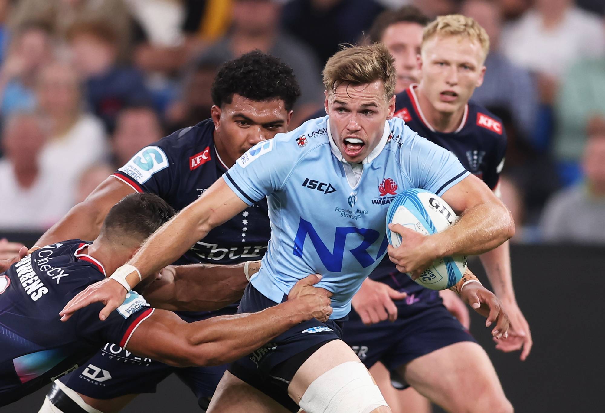 Will Harrison of the Waratahs makes a break during the round six Super Rugby Pacific match between NSW Waratahs and Melbourne Rebels at Allianz Stadium, on March 29, 2024, in Sydney, Australia. (Photo by Matt King/Getty Images)