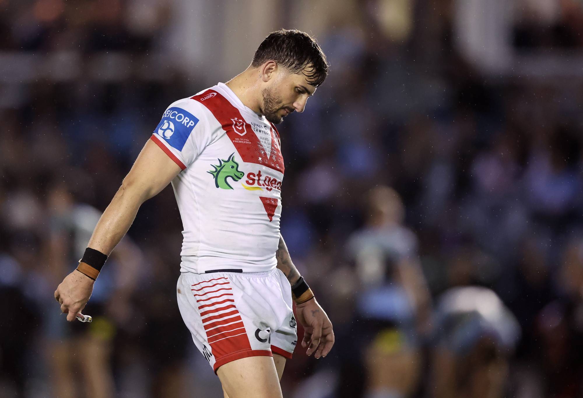 SYDNEY, AUSTRALIA - MAY 05: Jack Bird of the Dragons looks dejected at full time during the round nine NRL match between Cronulla Sharks and St George Illawarra Dragons at PointsBet Stadium, on May 05, 2024, in Sydney, Australia. (Photo by Matt King/Getty Images)