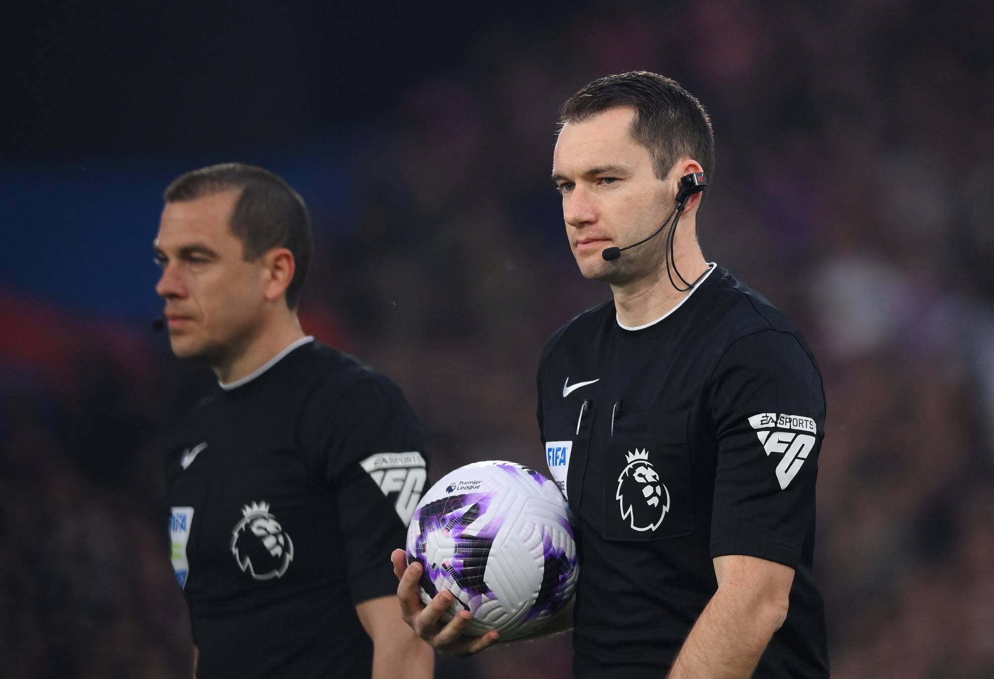 LONDON, ENGLAND - MAY 06: Referee Jarred Gillett leads both teams out whilst wearing a 'RefCam' prior to the Premier League match between Crystal Palace and Manchester United at Selhurst Park on May 06, 2024 in London, England. (Photo by Justin Setterfield/Getty Images)