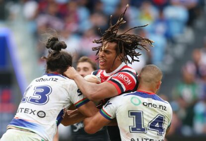 Roosters run riot in JWH’s milestone match as tough question looms for Warriors over Johnson’s future