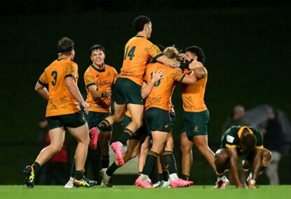 'Everyone was dogs': Junior Wallabies roll up their sleeves to beat Springboks in TRC as rising fullback scores twice