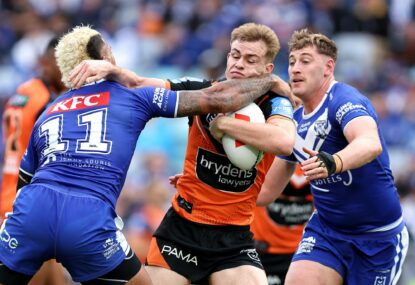 Seyfarth and Sezer in hot water after headbutts and hip drops as 11-man Tigers implode in Bulldogs defeat