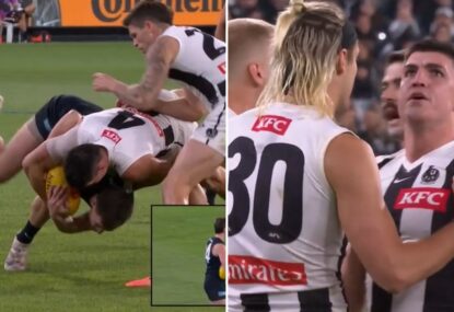 'He f--king jumped forward!' Pies blow a gasket as Blue wins supremely dodgy 'dangerous tackle' free