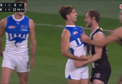 Jy Simpkin gleefully takes the chance to get stuck into Jimmy Webster after massive blooper