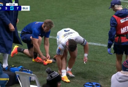 LISTEN: Commentator bemusement as Blues hooker snaps boots, given eternity to change them