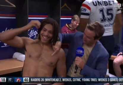 WATCH: 'It's still hot!' Comical scenes as Andrew Johns froths over shirtless Dom Young