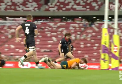'I fell over the line well didn't I?': Michael Hooper scores his first ever sevens try