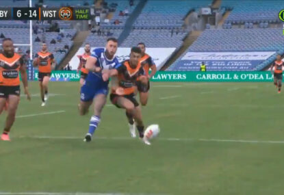 Tigers thrilled after producing epic try-saving play to deny the Bulldogs right on halftime