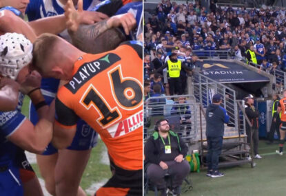 Fans give Tigers' Alex Seyfarth a big spray after headbutt that resulted in double sin-binning