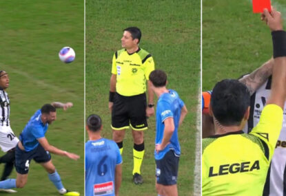 VAR drama as referee overturns Sydney FC penalty, red cards Macarthur defender