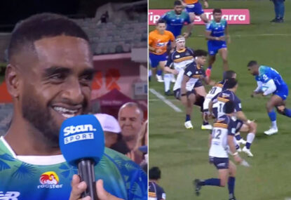 Kemu Valetini beaming after getting a 'couple of post-contact metres' on brother Rob