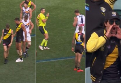 Tigers fans go nuclear as Freo gifted post-siren goal with 50m penalty... that was clearly there