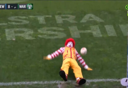 WATCH: Ronald McDonald bombs certain try, comes a cropper on slippery Newcastle turf