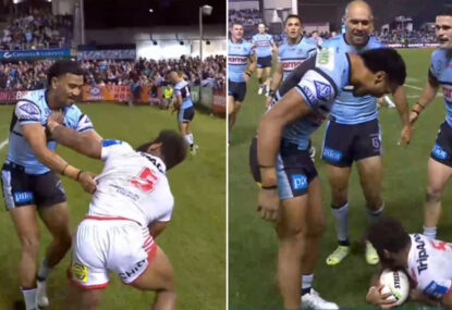 WATCH: Dragon rejects Mulitalo's hand-up, so he gives him the mother of all sprays next time