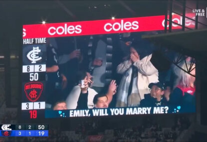 WATCH: 'Bravest thing since Browny's mark!' Blues fan pops the question at the footy
